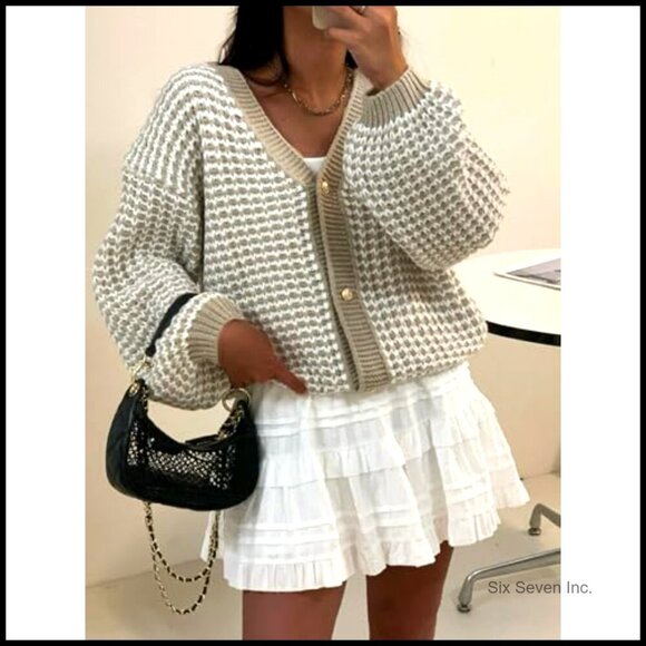 Oversized V-Neck Cardigan Waffle Knit Balloon Sleeve Button-Up Chic Casual - Picture 2 of 5